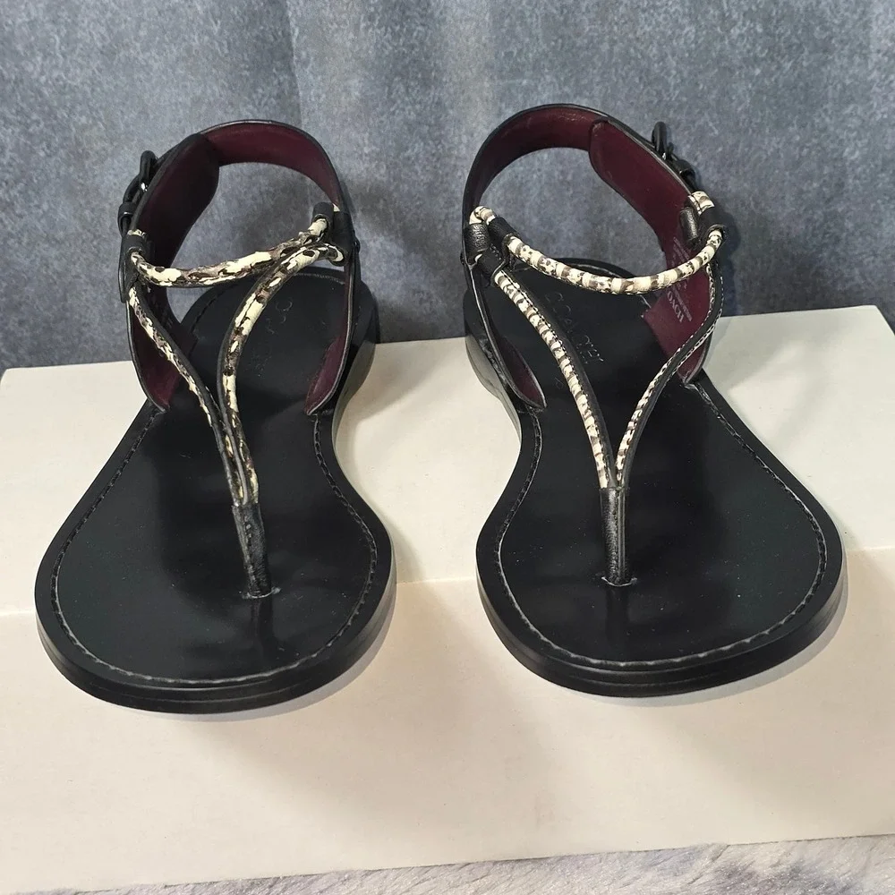 NWB Coach Clarkson Flat Strappy‎ Thong Sandals in Black & White Buckle SZ 8